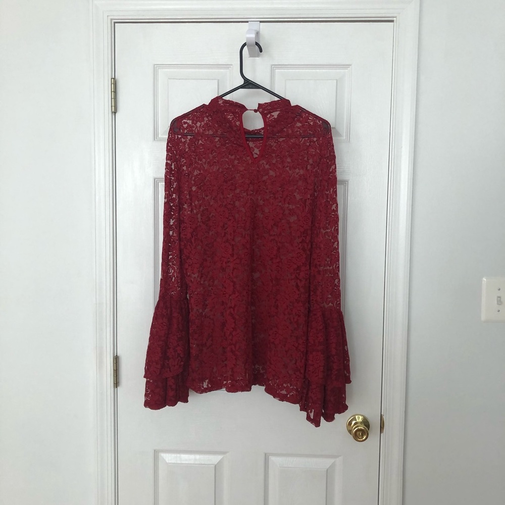 Lace red flutter sleeve top